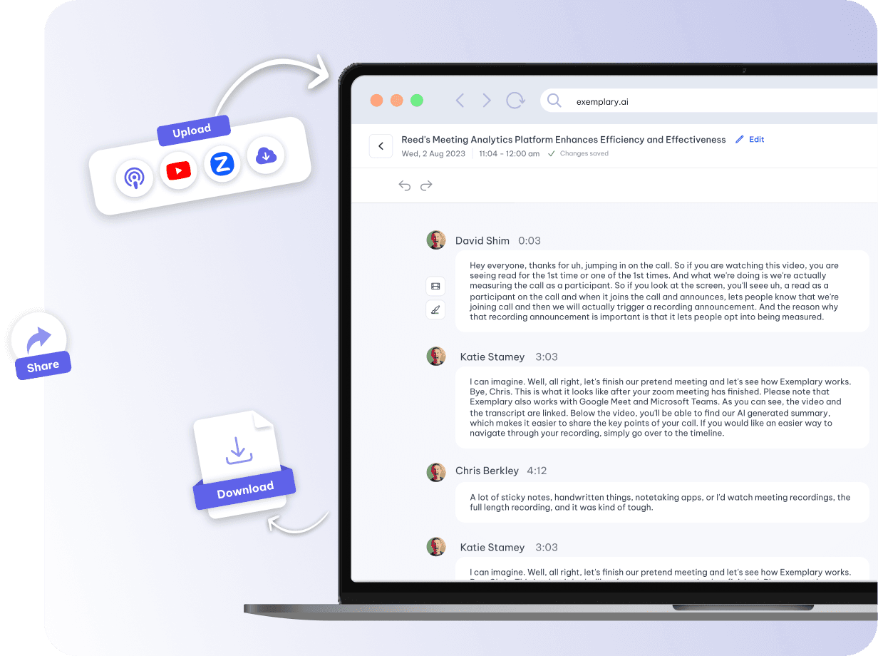 Screenshot of Exemplary AI transcript app